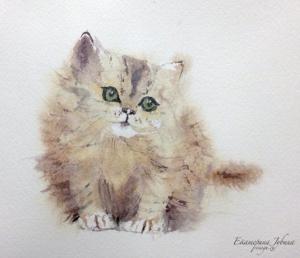 Акварельная живопись: Рыжий пушистый котёнок