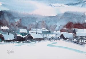 Акварельная живопись: Деревня зимой