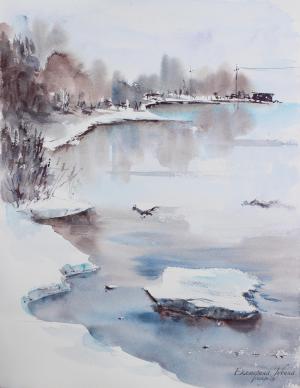 Акварельная живопись: Зимнее озеро
