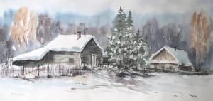 Акварельная живопись: Деревня зимой