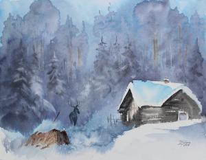 Акварельная живопись: Зимний пейзаж