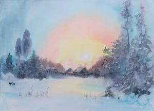 Акварельная живопись: Зимний закат