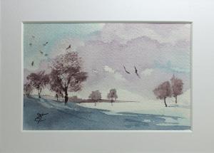 Акварельная живопись: Зимний пейзаж, миниатюра